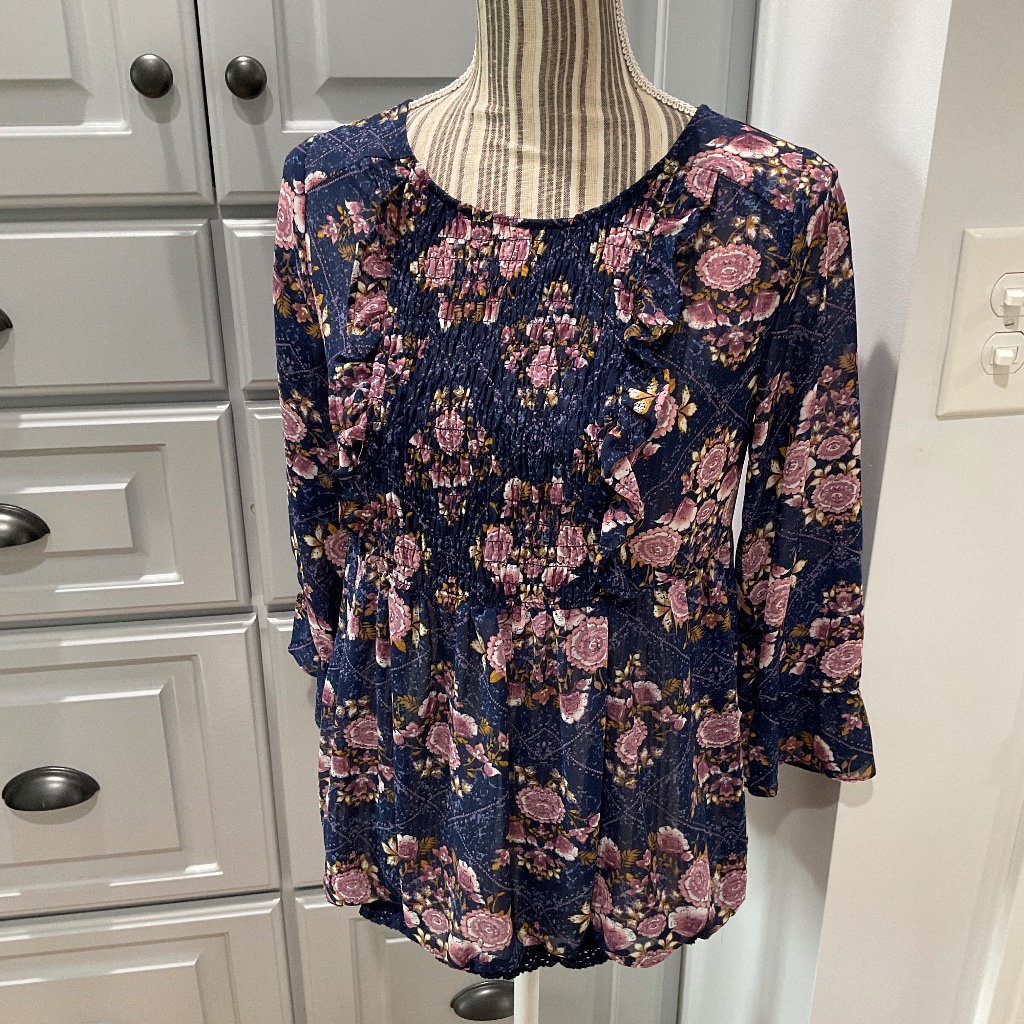 Knox Rose Blue And Pink Floral Blouse, Size Xs
